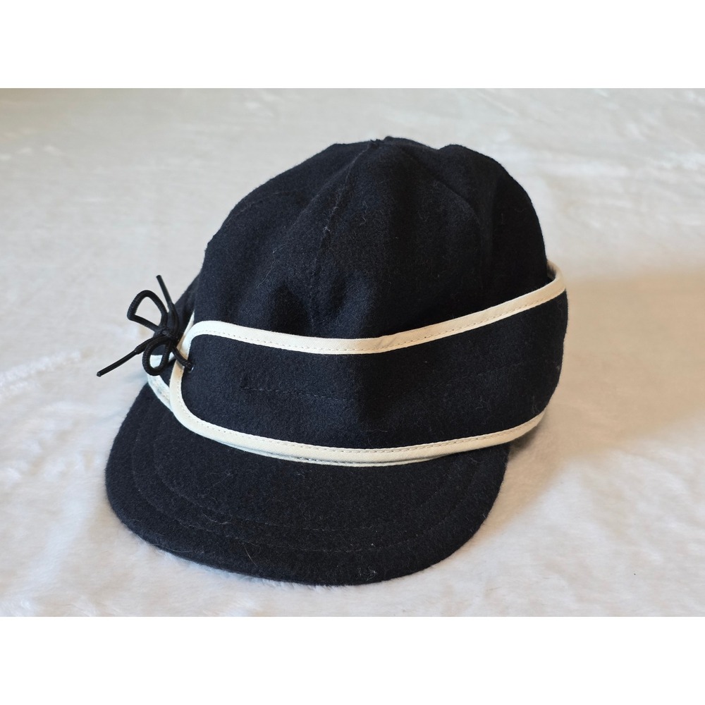 Stormy Kromer Black Wool Cap with White Trim Size 6 3/4 Made in USA Railroad Hat